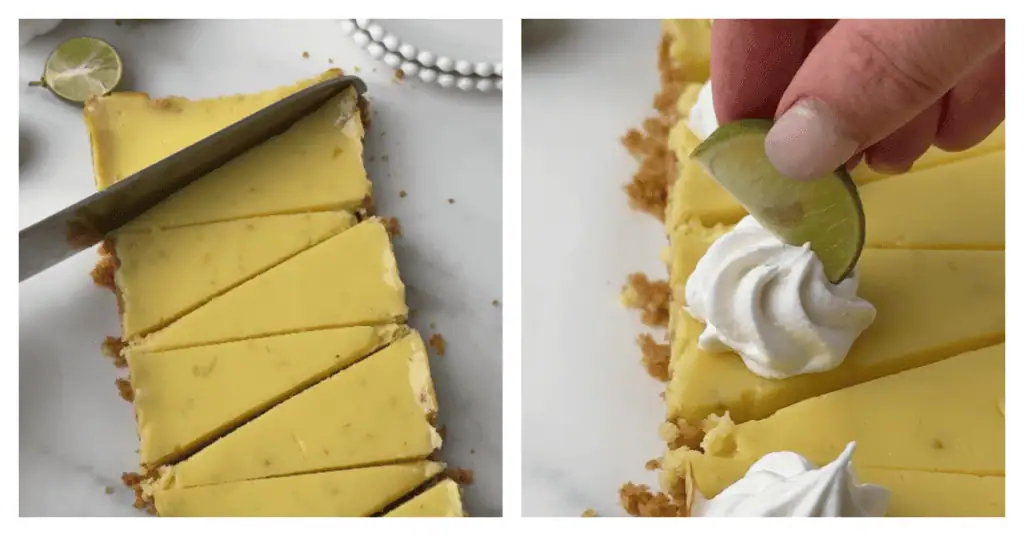 key lime pie cut into 8 small wedges and topped with whipped cream