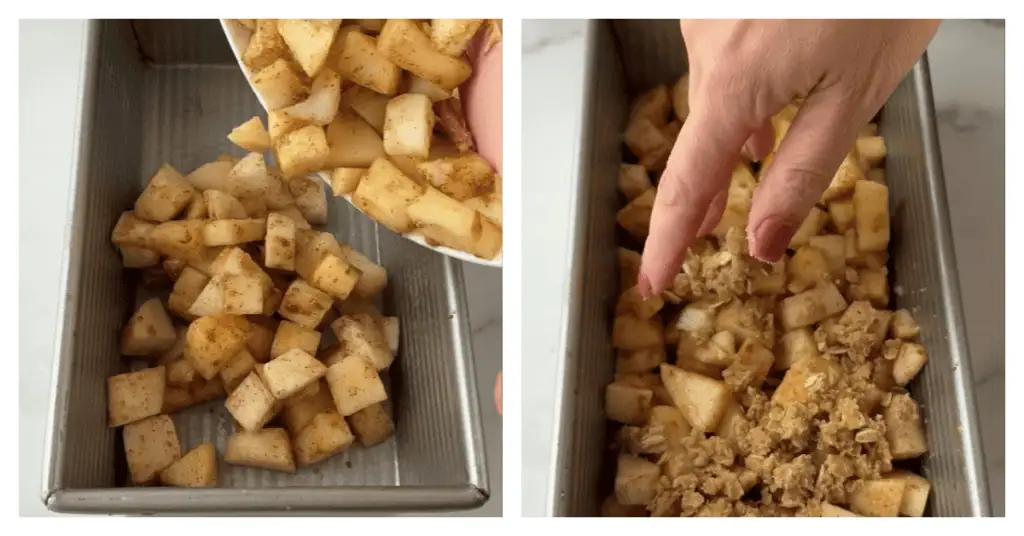 apple crisp assembled in a loaf pan