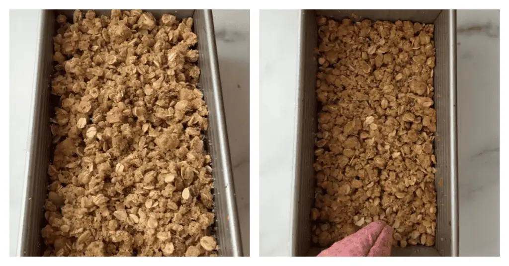 two photos side by side showing an unbaked apple crisp and a baked apple crisp