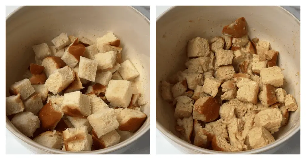 bread added to bowl and soaking in the custard