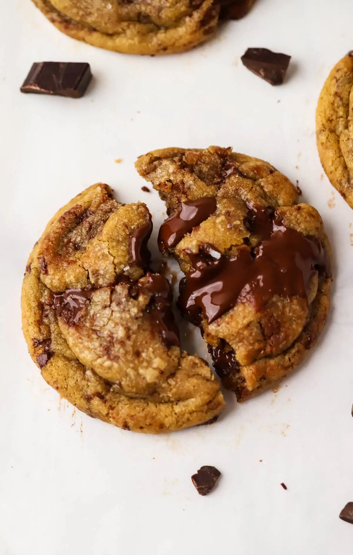 brown butter chocolate chip cookie pulled apart