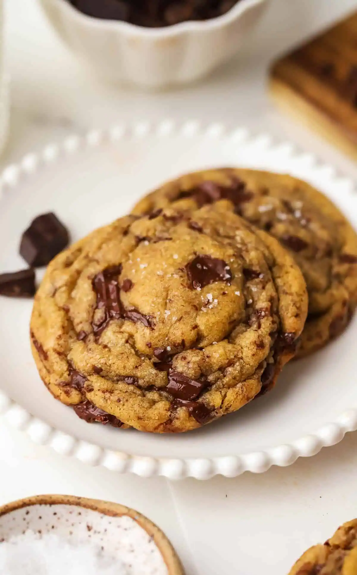 two small batch brown butter chocolate chip cookies on a plate