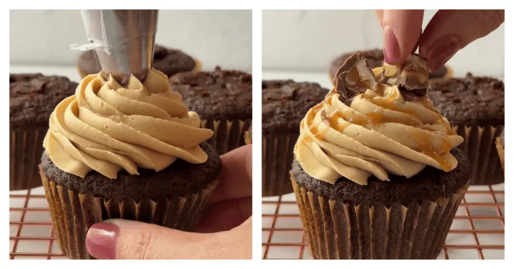 peanut butter frosting piped onto a chocolate cupcake and topped with caramel and snickers