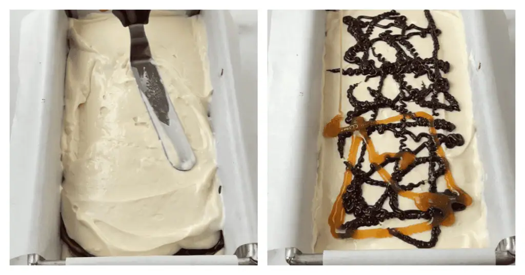 cheesecake batter layered on top and then drizzled with caramel and hot fudge