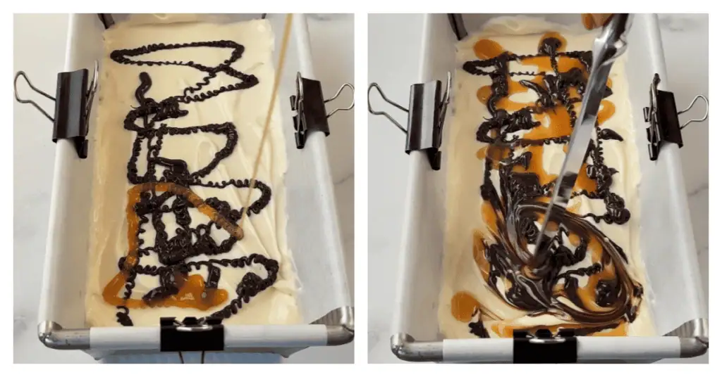 hot fudge and caramel drizzled on top and knife swirling it throughout