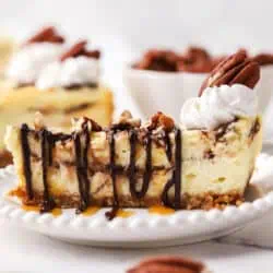slice of turtle cheesecake on a plate