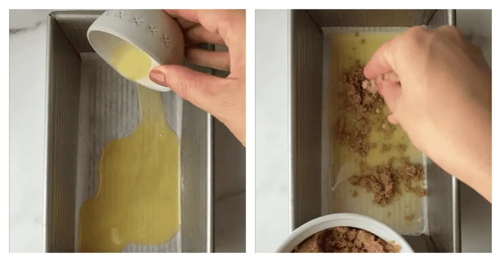 butter poured in to loaf pan and brown sugar sprinkled on top