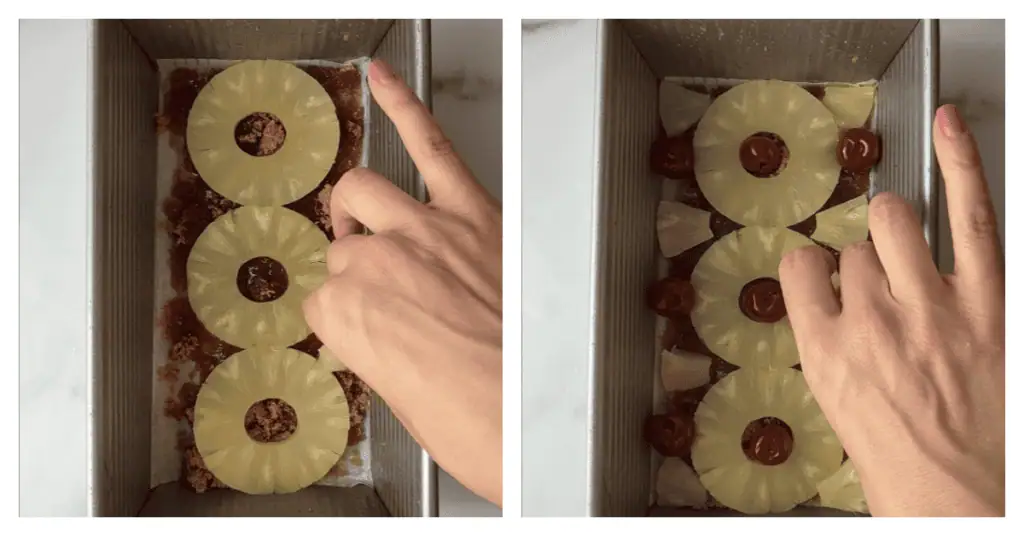 pineapples and cherries being placed into loaf pan