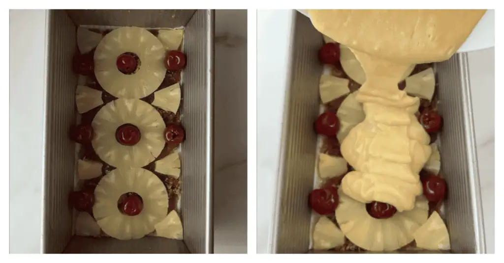 cake batter poured over the top of the fruit