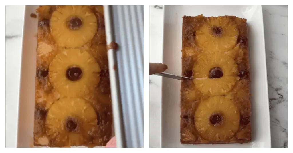 cake being released from loaf pan and cut into rectangles