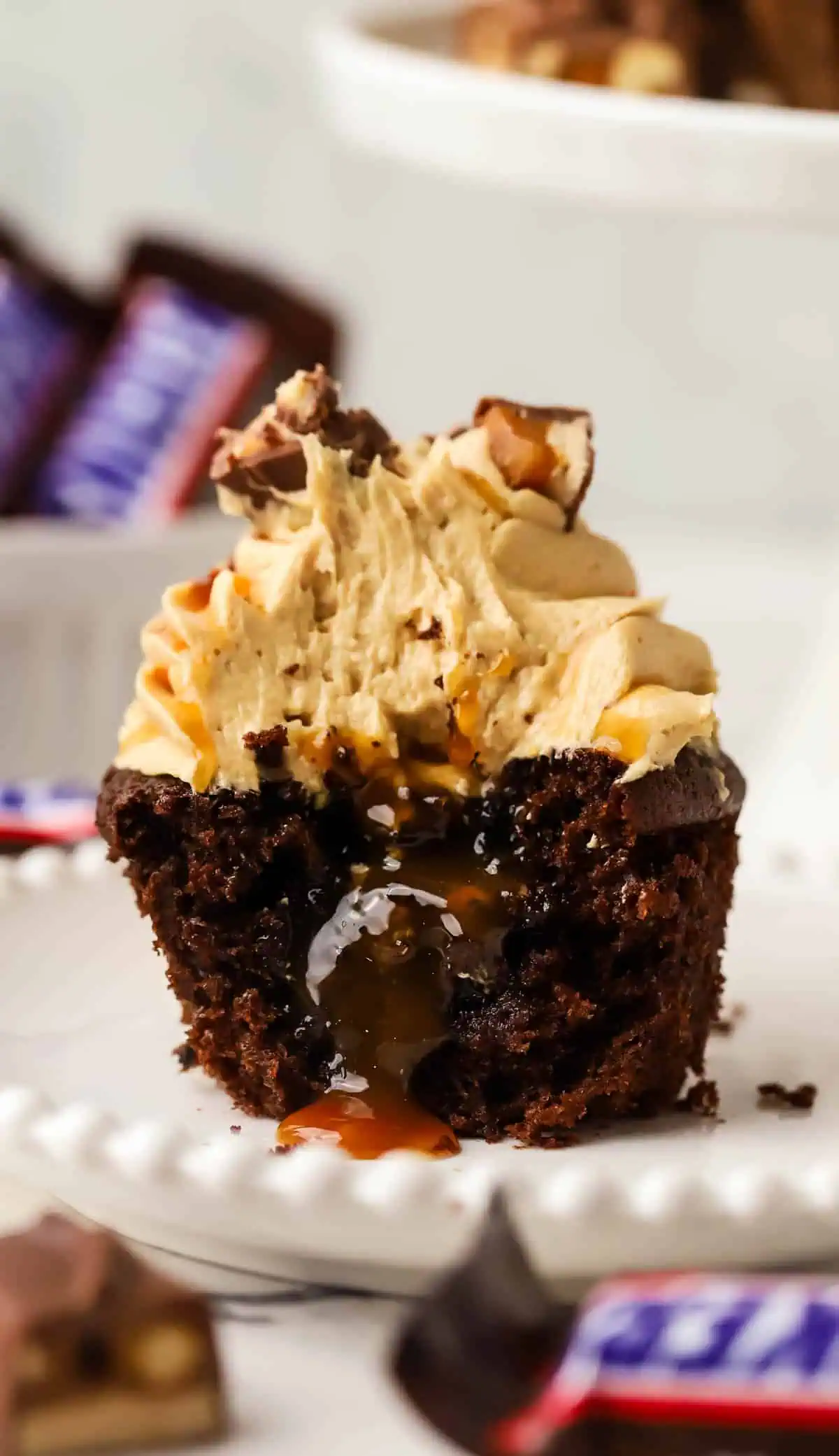 snickers cupcake cut in half